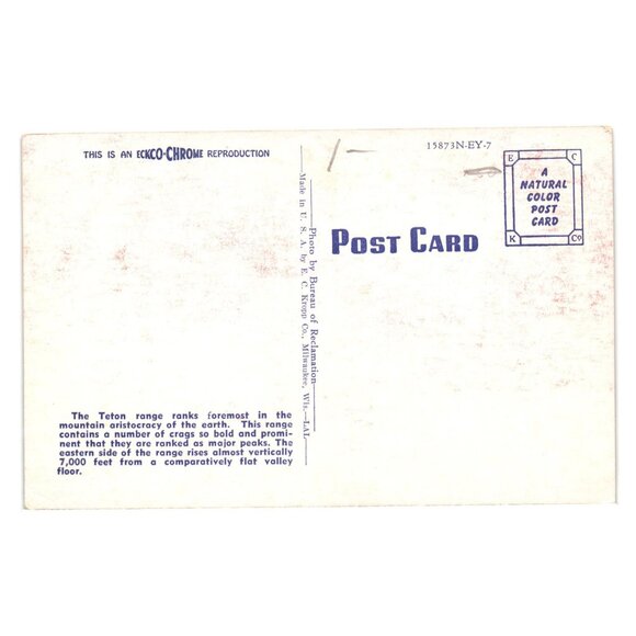 Teton Mountains Wonderful WY Vintage Postcard Eckco Chrome Print Bureau Art - Picture 2 of 2